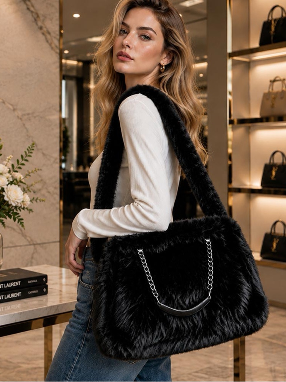 Faux Fur Chain-Accent Tote Bag - Black